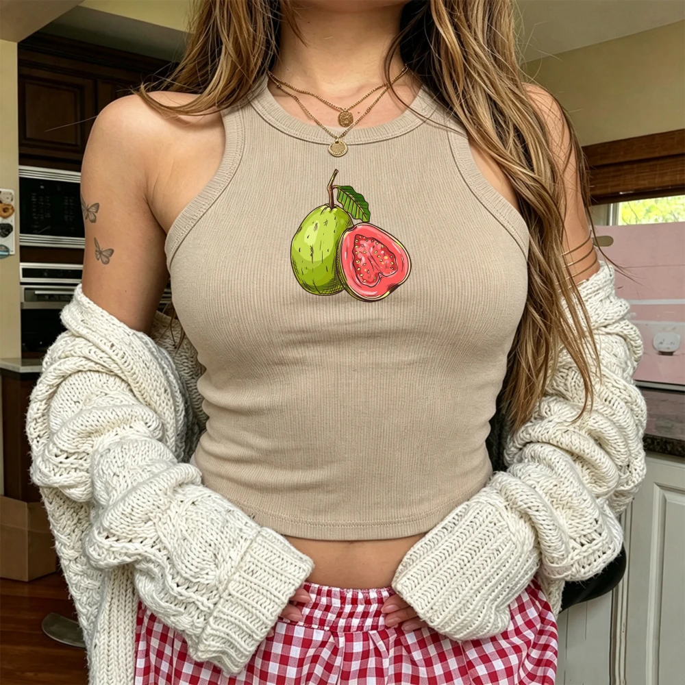 Green Guava Graphic Beige Ribbed Tank Top Women Summer Tropical Fruit Print Sleeveless Crop Shirt Casual Streetwear Y2K