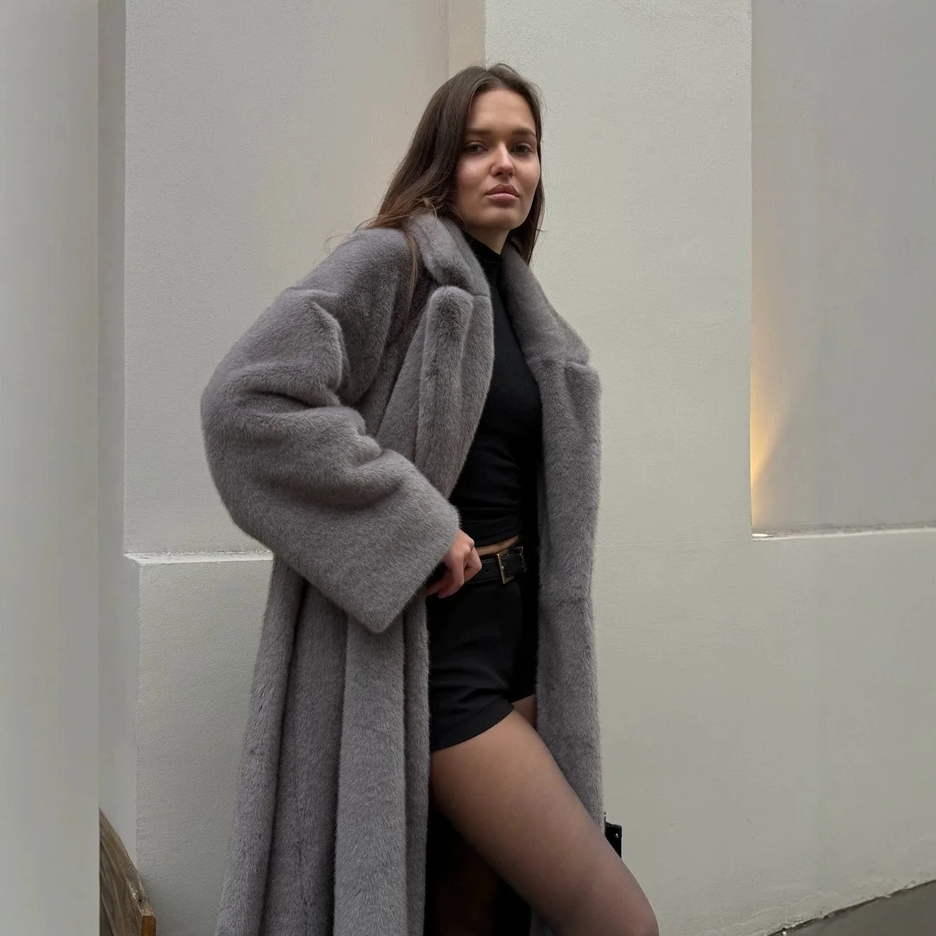 Pocket No Hood Loose Fit Coat with Extended Length Formal Style Streetwear Autumn Notched Lapel Regular Sleeve Women Coat
