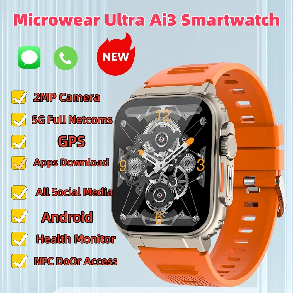 

Умные часы Ultra Ai3: 4G SIM-карта Android 2,2 дюйма Amoled, мониторинг здоровья искусственного интеллекта, 180 ° Поворотная камераSmartwatch