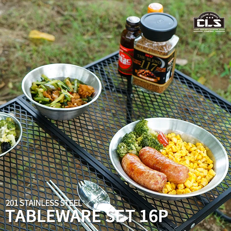 

16pcs Outdoor Stainless Steel Dining Plates And Bowls Camping Tableware Set Self Travel Portable Barbecue Household Soup Pots