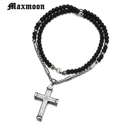 Maxmoon 3.5mm Black stone Beads with Stainless Steel  cross Pendant Mens Rosary Necklace Mens Mala jewelry