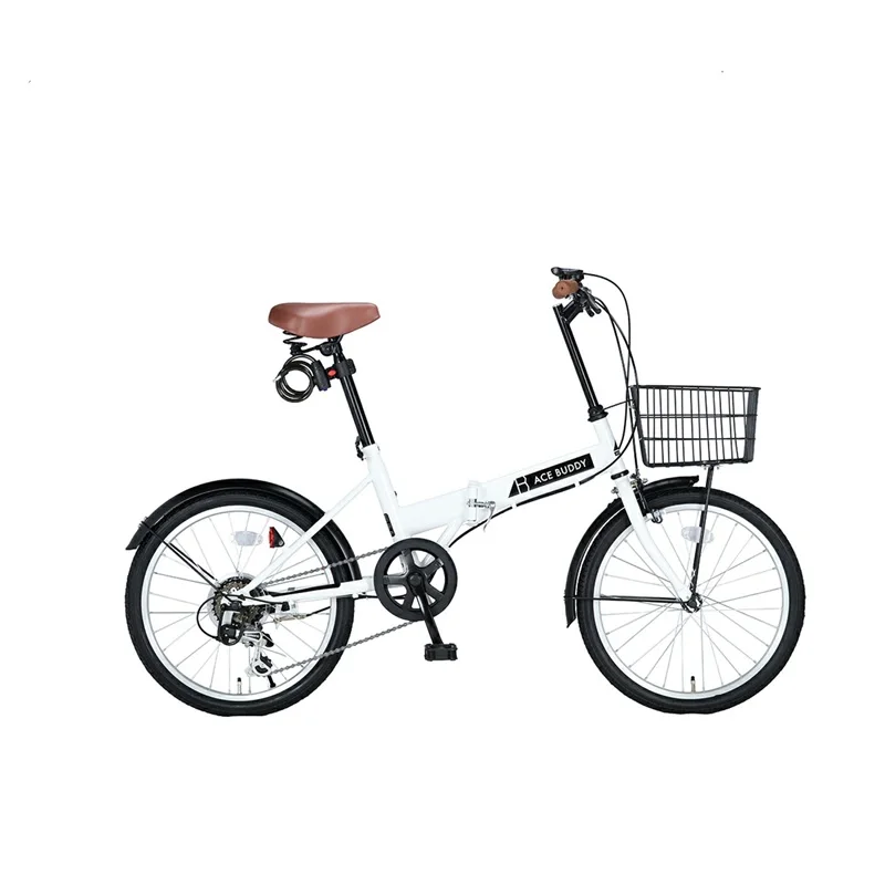 ACE BUDDY 折りたたみ自転車 20インチ 自転車 軽量 折り畳み自転車 シマノ６段変速 カゴ・ワイヤー錠・LEDライト付き 前後泥除け付き 通