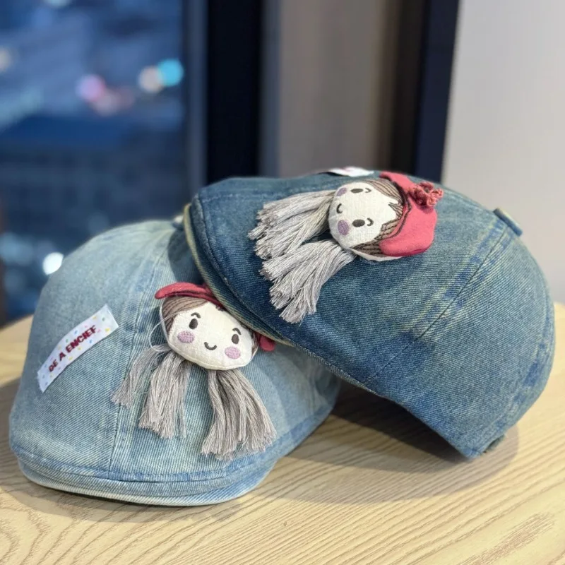 

Cute Little Girl Bow Cowboy Forward Hat Female Retro Duck Tongue Beret Versatile Face Little Painter Hat