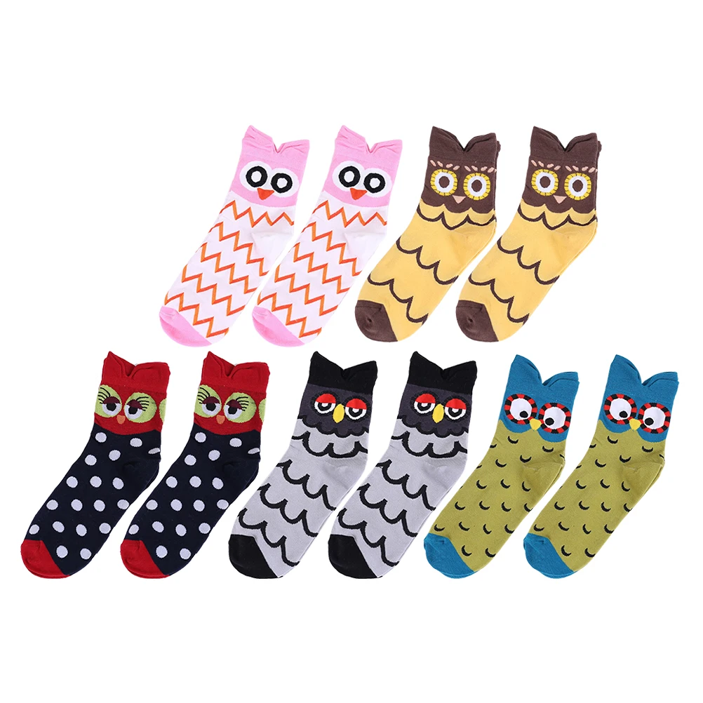 

5 Pairs Owl Socks Women Mid Calf Cotton Crew Tube Animal Pattern Wear Resistant Elastic Comfortable Breathable Dry Skin Cool