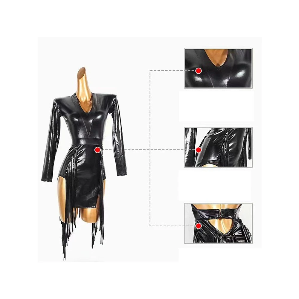 Sexy latein amerikanisches Tanz kleid für Frauen Fransen rücken frei Rumba Tango Performance Kostüme schwarz lang ärmel ige Pu Stage Dance wear