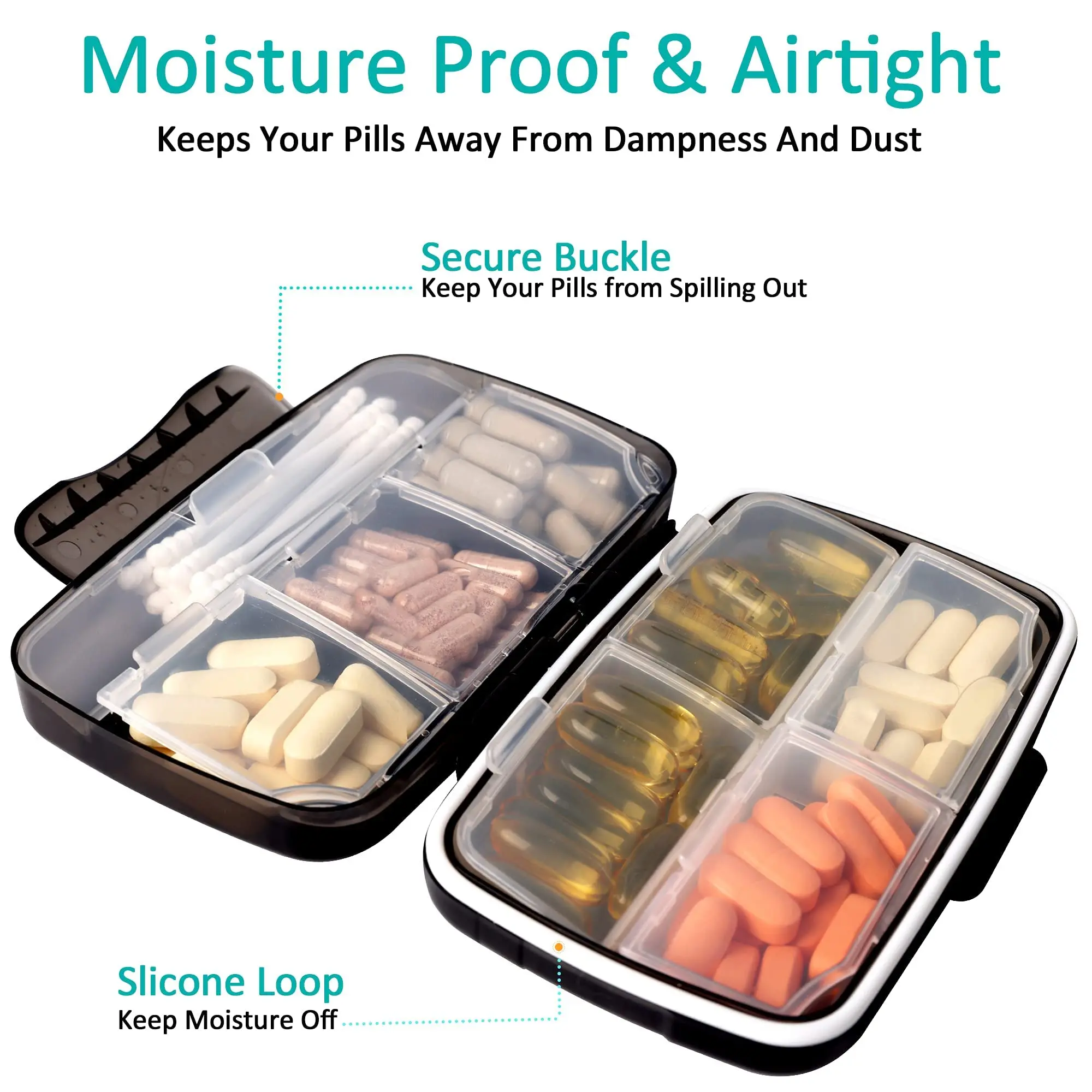 Pill Organizer Large Portable Medication Dispenser 7&8 Compartment Travel Pill Box Airtight Moistureproof Daily Medicine Sorter