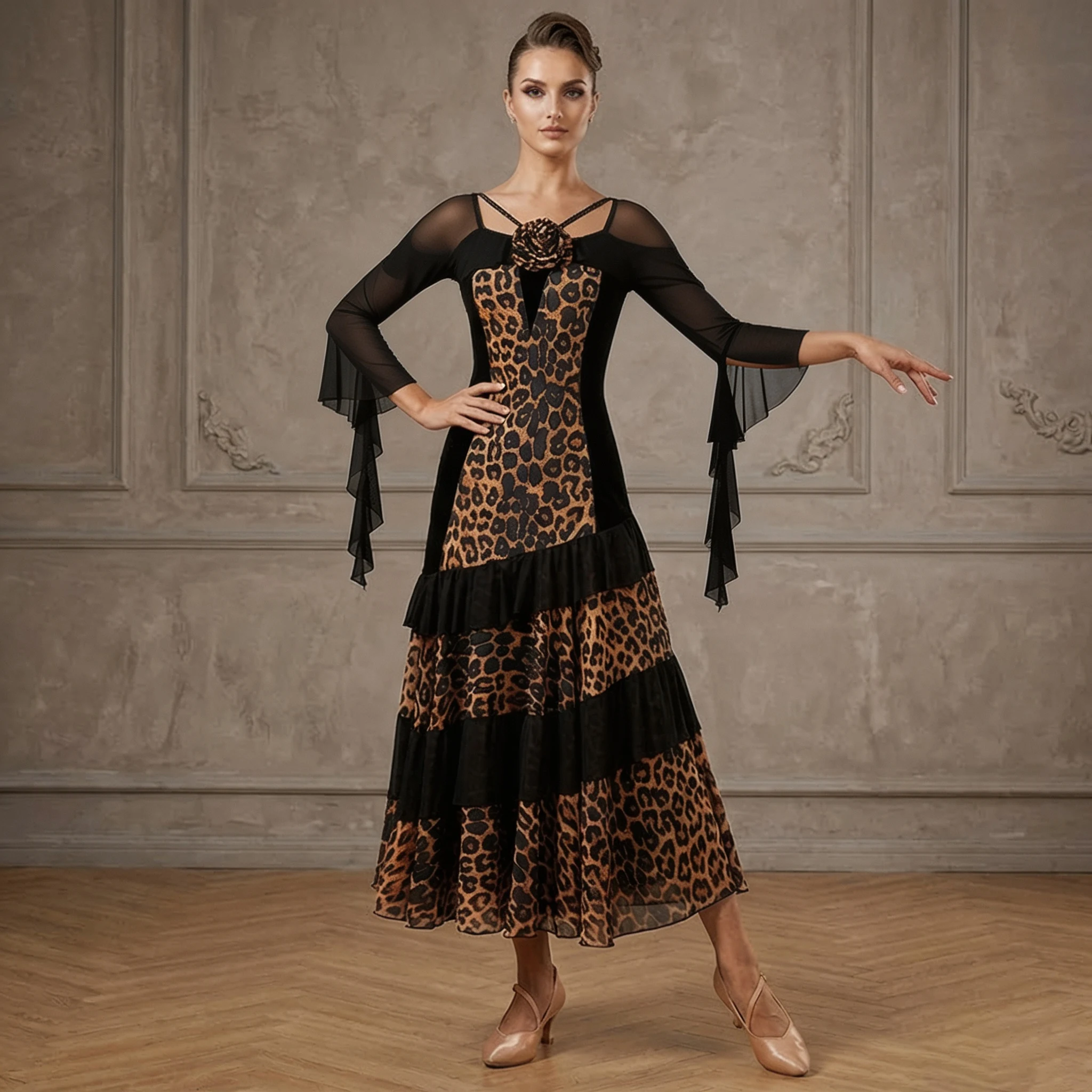 vestido-de-baile-de-salon-para-mujer-color-negro-con-diseno-de-leopardo-corte-ajustado-para-vals-estandar-internacional-con-flores-3d-manga-larga-y-volantes