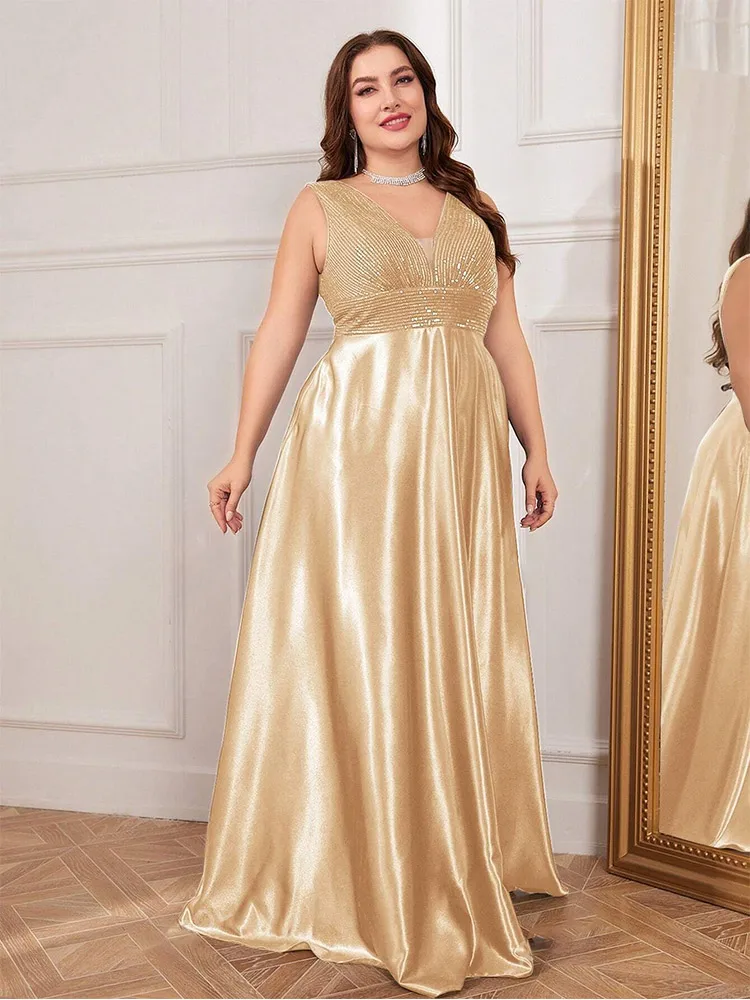 Plus Size V-neck Apricot Sleeveless Satin Luxurious Floor-length Evening Dress Big Size Sequins Sparkling Prom Gown for Women