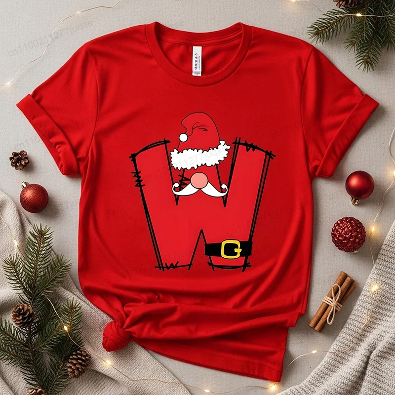 Fashion Tops Tees Personalised Santa Alphabet Family Christmas Pattern T-shirt Casual Round Neck Short Sleeves Casual T-shirt