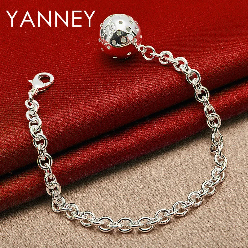 YANNEY Charm 925 Sterling Silver 8 Inches Openwork Ball Pendant Bracelet Women Men Fashion Luxury Party Jewelry Wedding