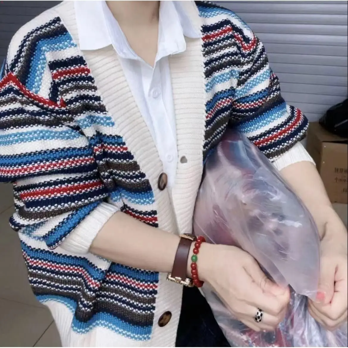 Sweater Women's Fat MM Retro Striped Cardigan Knitted Autumn Winter Jacket Loose Look Skinny Outerwear Sweater Women's New Style