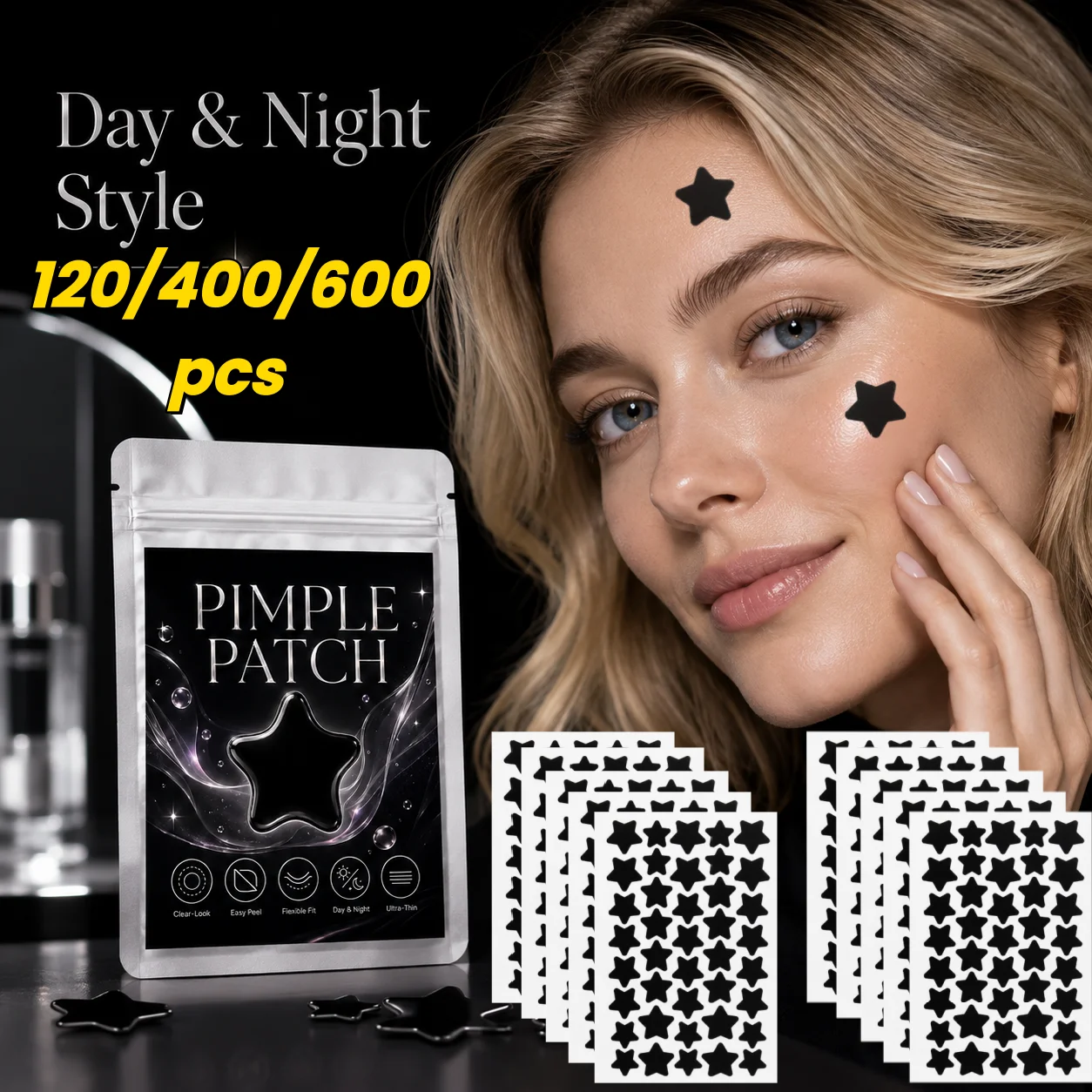 Pimple Patches (120/400/600 Pieces), 40 Patches per Sheet, Black Star Shapes—Flexible Fit, Day & Night Wear, Bold Style