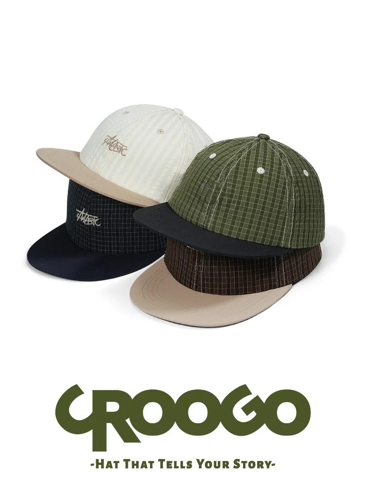 

CROOGO Plaid Letter Embroidery Baseball Cap Quick Dry Flat Brim Color Block Duckbill American Sports Sunshade Hat Unisex