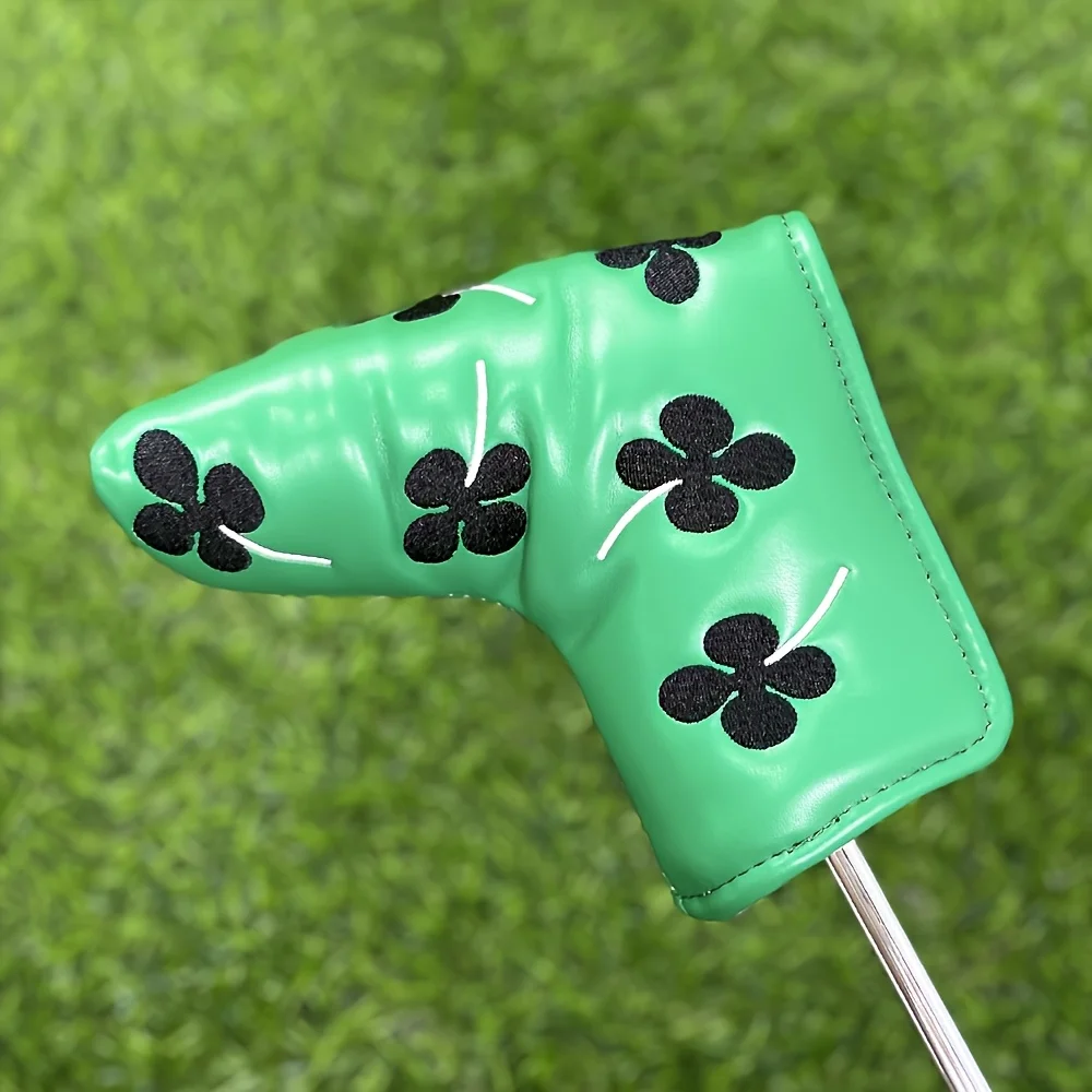Couvre-tête de Putter de Golf imperméable en PU Durable, 1 pièce, avec conception de trèfle à quatre feuilles et fermeture à bande magique, vert herbe avec noir