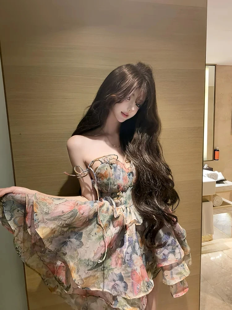 

XZY Retro plus Size Floral Print Halter Short Skirt Women's Summer Sweet Princess Puffy Skirt High Waist A-Line Dress