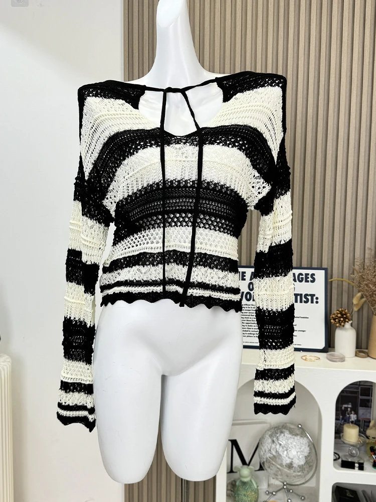 Autumn Winter Woman Vintage Hollow Out Y2k Cardigan Sweater Long Sleeve Striped Knitwears Crochet Top Chic Designer Pullovers