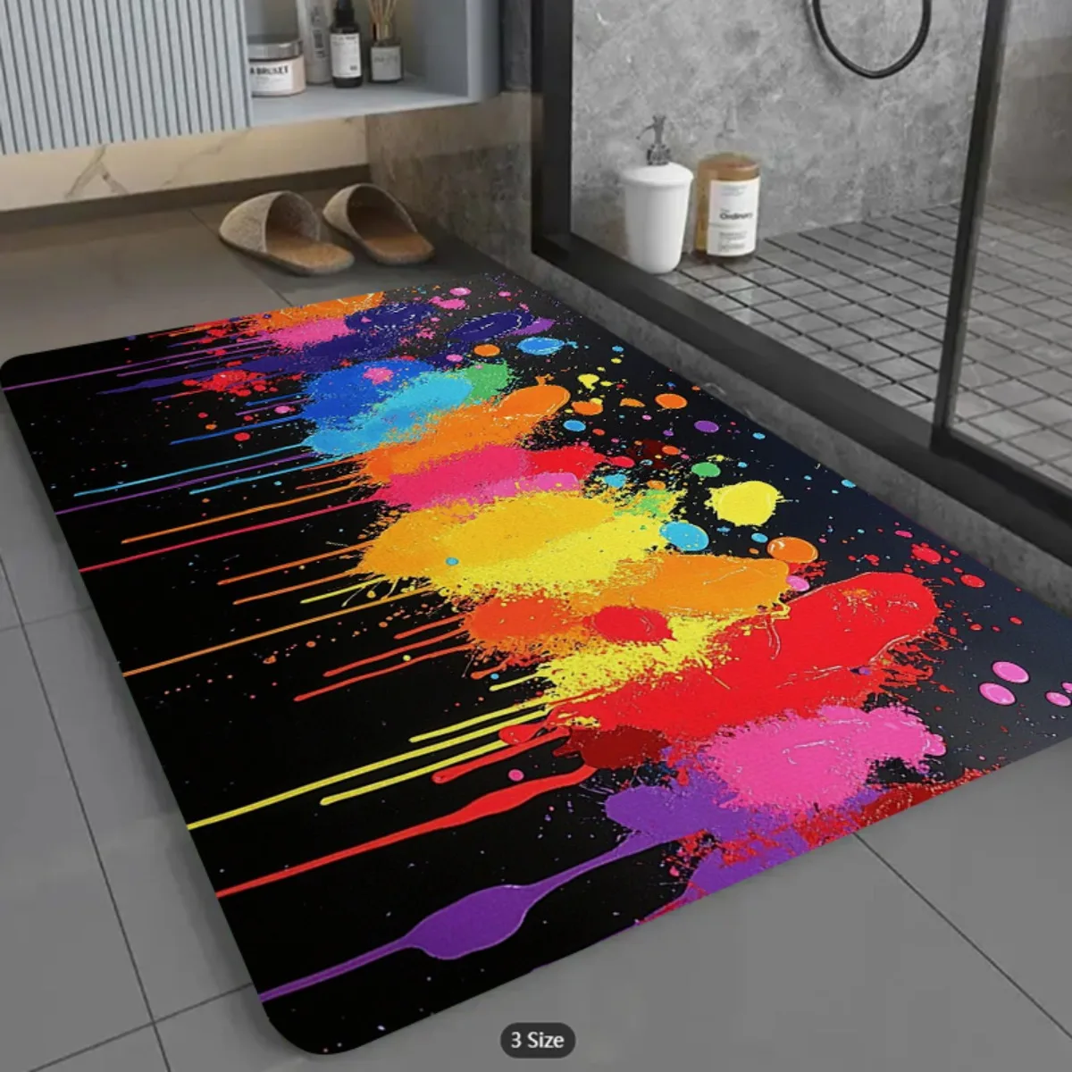 2D Flat Colorful Paint Splatter Abstract Art Black Background Flannel Area Rug Non Slip Creative Studio Carpet For Living Room