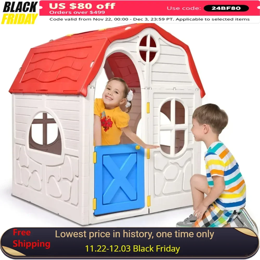 Outdoor Playhouse for Kids, Cottage Indoor Playhouse with Working Doors & Windows, Pretend Play House Imagination Playset Toy