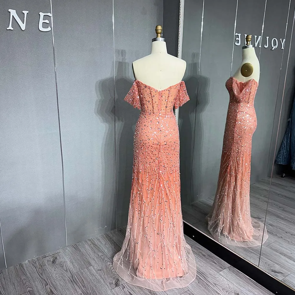 2023 Sparkly Peach Off Shoulder Long Prom Dresses Mermaid Beading Sequins Slim Fit Formal Dubai Party Gown Elegant