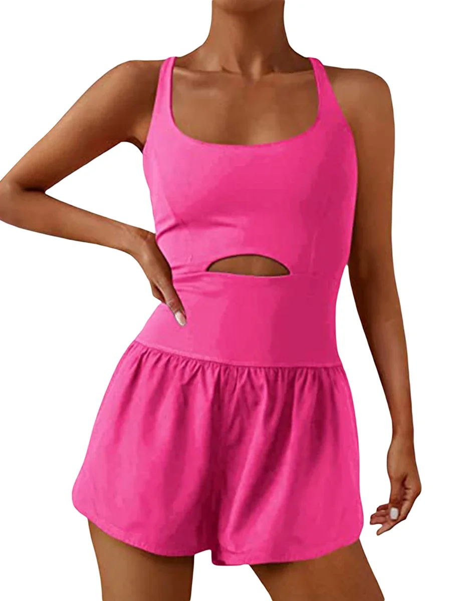 Pelele liso para mujer, ropa deportiva informal sin mangas con cuello redondo calado, monos elásticos de cintura alta para verano