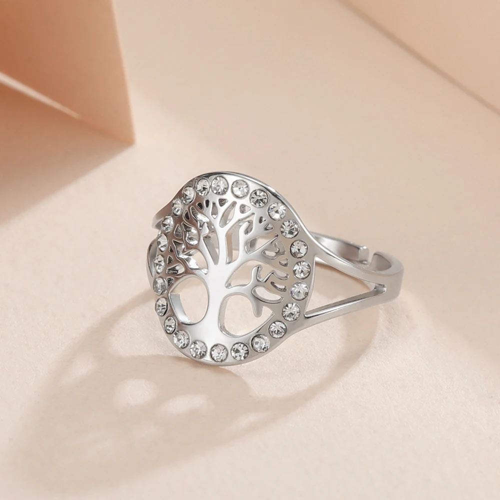 Dawapara Baum des Lebens Damen Ring Klarer Zirkon Verstellbarer Ring Yggdrasil Stammbaum Paar Schmuck Edelstahl Ehering – Detail 9