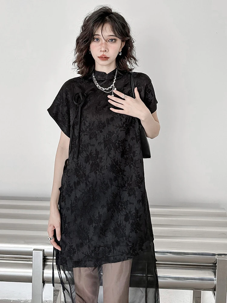 [EAM] Women Black Mesh Bandage Big Size Vintage Dress New Stand Collar Short Sleeve Fashion Tide Spring Summer 2024 1DH5123