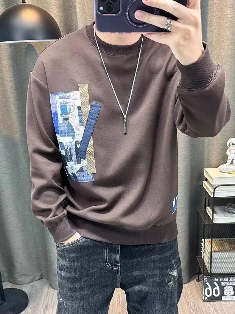 

High-End Men's Cotton Round-Neck Long-Sleeve Top with Slim Fit and Print Patchwork