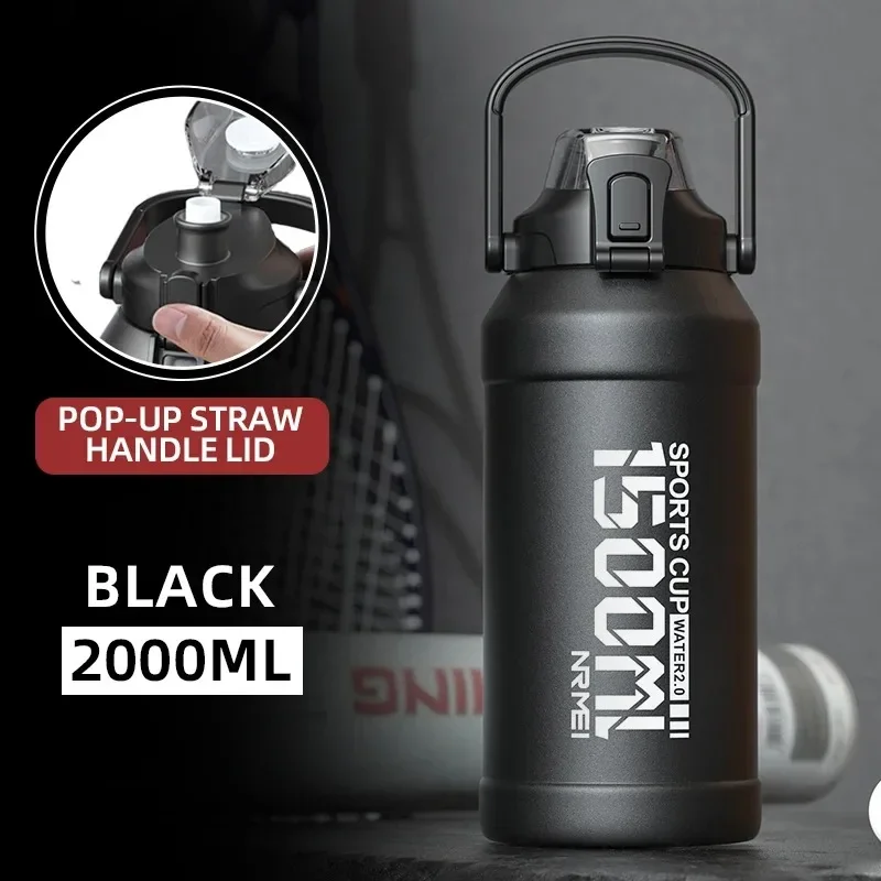 【Best Sale】2L Water Bottle Thermos Bottle With Removable Straw Outdoor Portable Stainless Steel Water Bottle With Carry Handle F