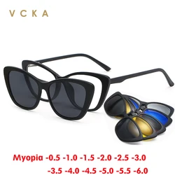 VCKA 6 In 1 Polarized Myopia Sunglasses Magnetic Clip Prescription Glasses Frames Men Women Fashion Cat Eye Optical -0.5 TO 10