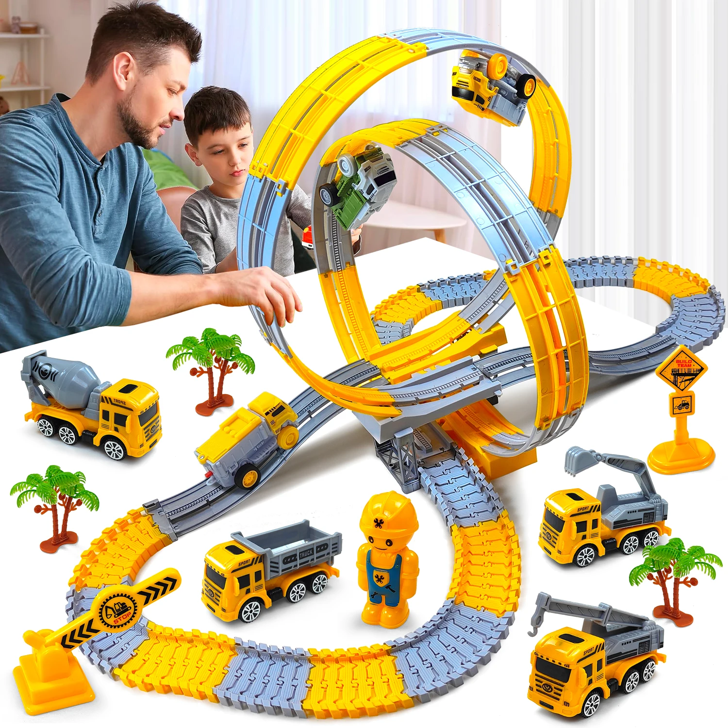 Children Electric Track Toy Car Engineering Minin Car Set Kids Puzzle Boy Toys Track Car Anti-gravity Track Train Gift for Kid