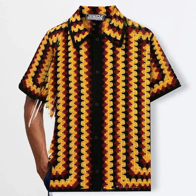 Pakaian Pria Sweter Rajutan Bergaris Retro Eropa dan Amerika Kemeja POLO Kardigan Larut Dalam Air Berongga Seksi