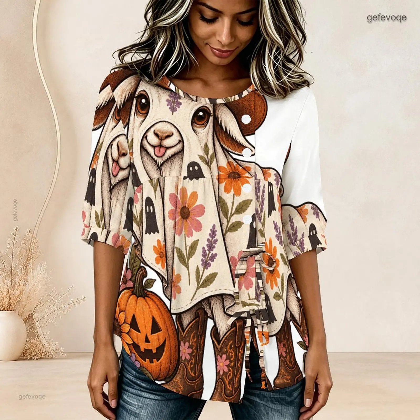 Women Round Neck Half Sleeve Gathered Front Button Detail Tie Hem Printed Blouse