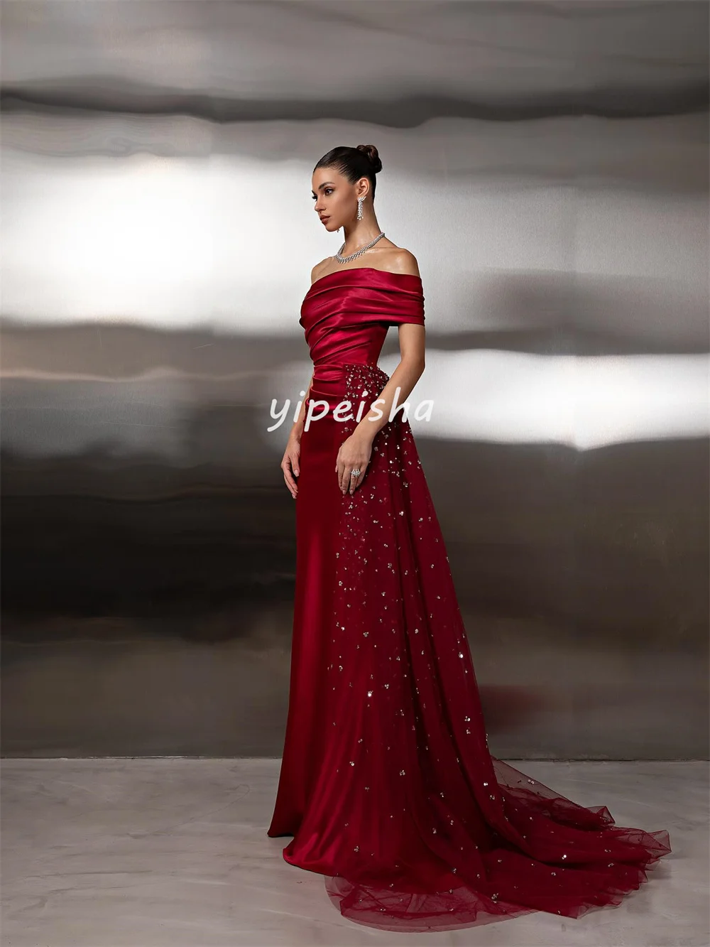 تخصيص البريق معقدة الطية ثنيات الديكور مطرزة حورية البحر خارج على الكتف فساتين طويلة مخصصة فساتين المناسبات الرجعية #2