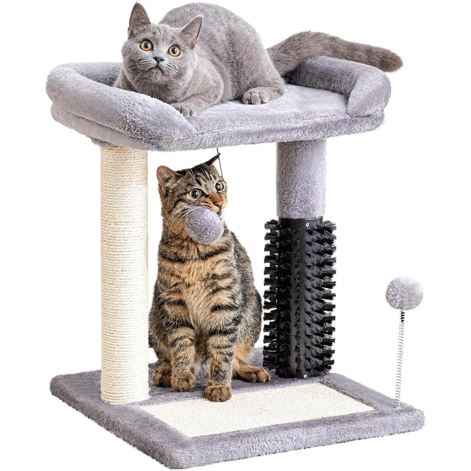 

Tree Tower Cat Scratching Post 4-in-1 with Cat Self Groomer Brush 20" Tall Natural Sisal Cat Scratcher Soft Plush Perch Bed Grey
