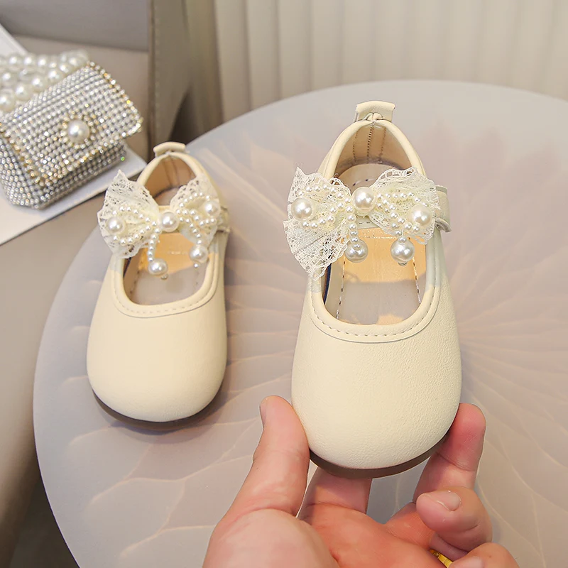Little Girls Lace Bow Mary Jane Shoes Toddlers Party Wedding Children Pearl Flat Shoes Causal Non-slip Kids First Walker Shoes