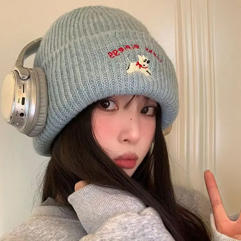 

Adorable Teddy Bear Knitted Beanie - Women's Winter Korean Letter Embroidery Windproof Warm Student Slouchy Hat