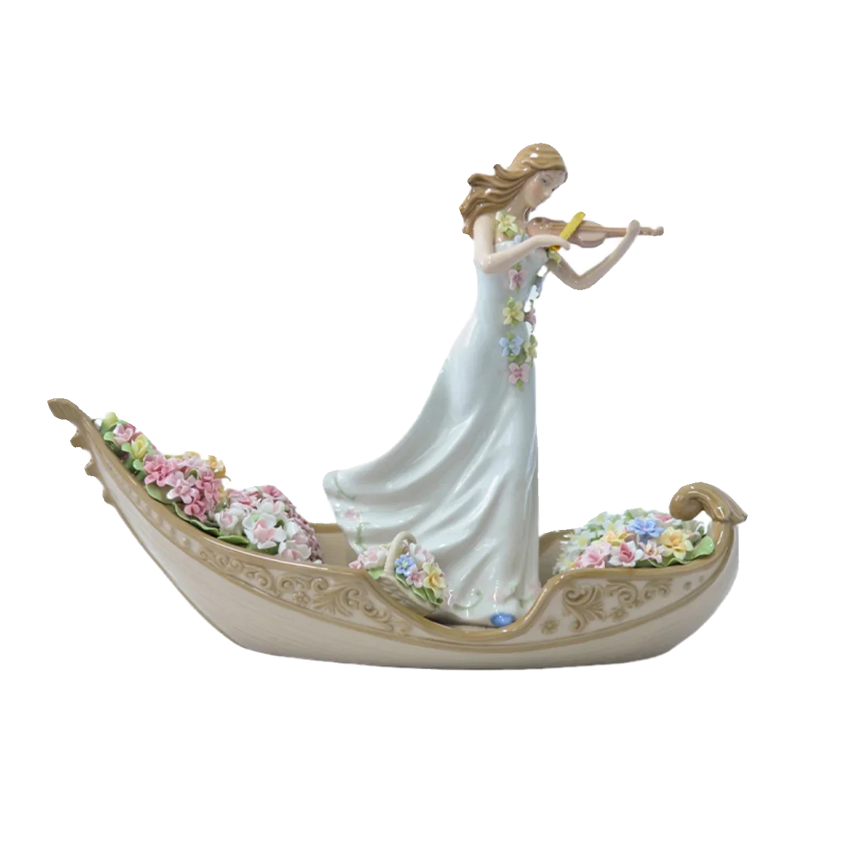 Elegant Lady Playing Violin on Gondola Porcelain Figurine Hand Painted Floral Ceramic Sculpture Home Room Decor Ornament Gift