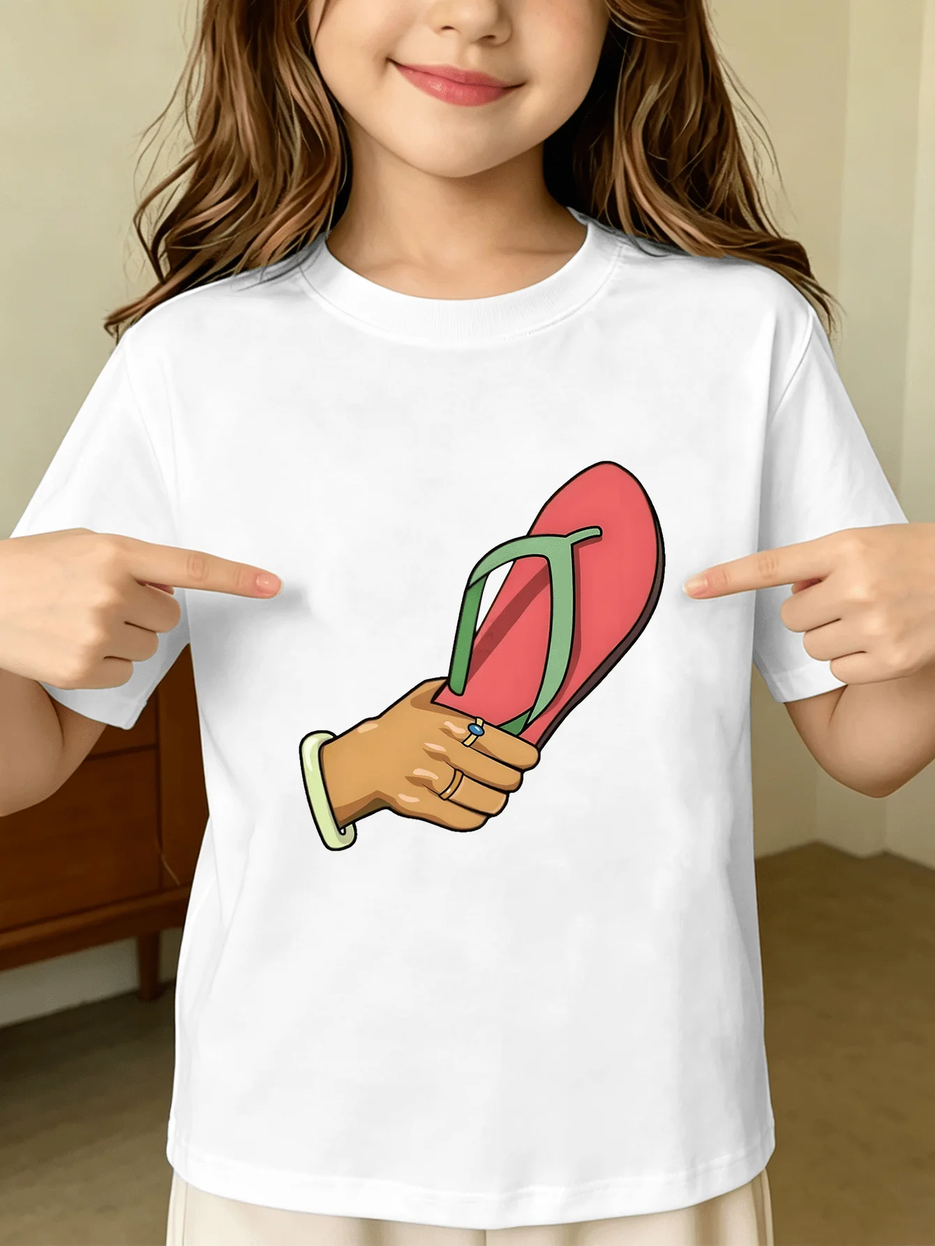 Cartoon Hand Holding Flip Flop Summer Holiday Graphic Kids T Shirt Boys Girls Family Matching Summer Crew Neck Short Sleeve Tee
