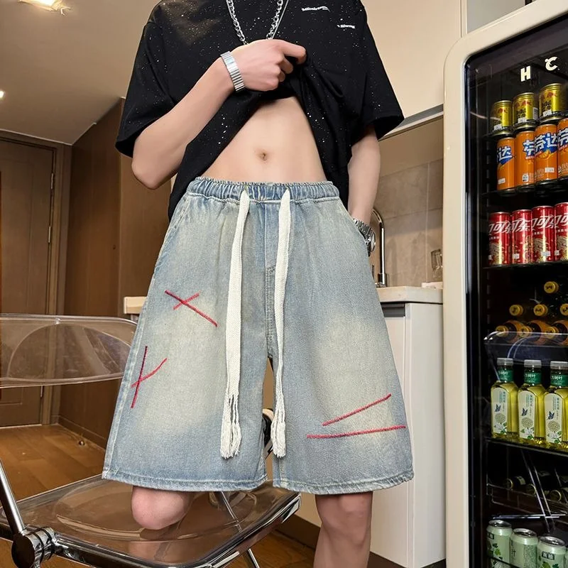 

2025 Summer Men's Washed Embroidered Straight-leg Denim Shorts Y2K Vintage Drawstring Baggy Jorts High Street Fashion Short Jean