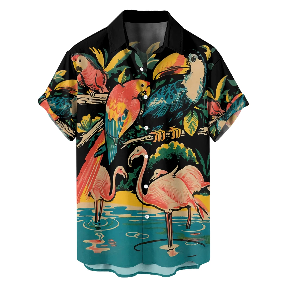 Summer red-crowned crane parrot Casual Travel Plus size short Sleeve shirt Hawaiian style digital print loose trend shirt