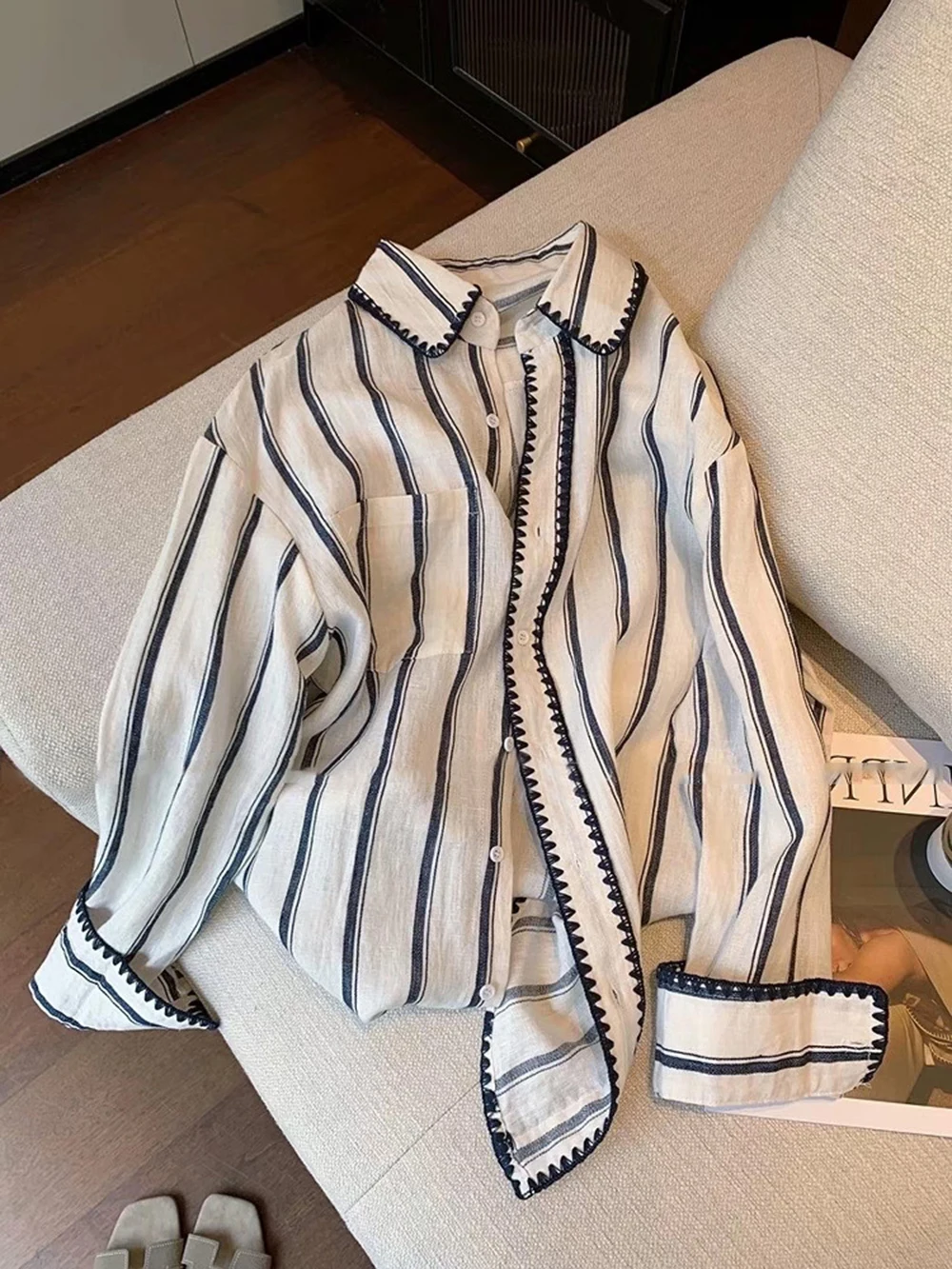 

Fashion Striped Shirt for Women Spring Autumn Knitted Edge Single Breasted Long Sleeve Turn-down Collar Casual Loose Tops
