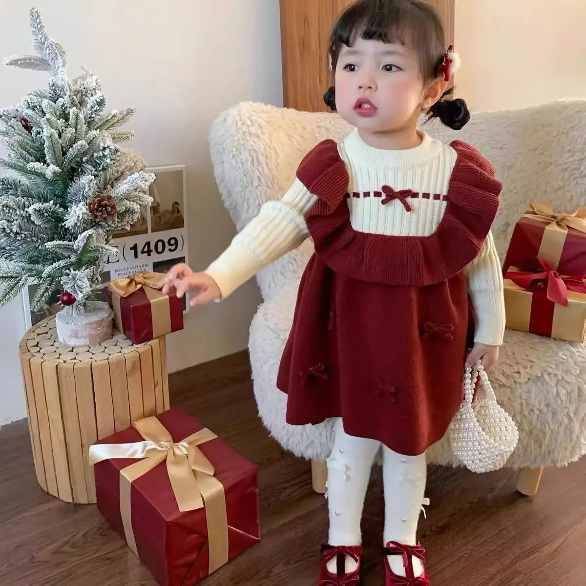 Girls Red Knitted Dress Autumn Winter Baby Princess Sweater Children Clothing