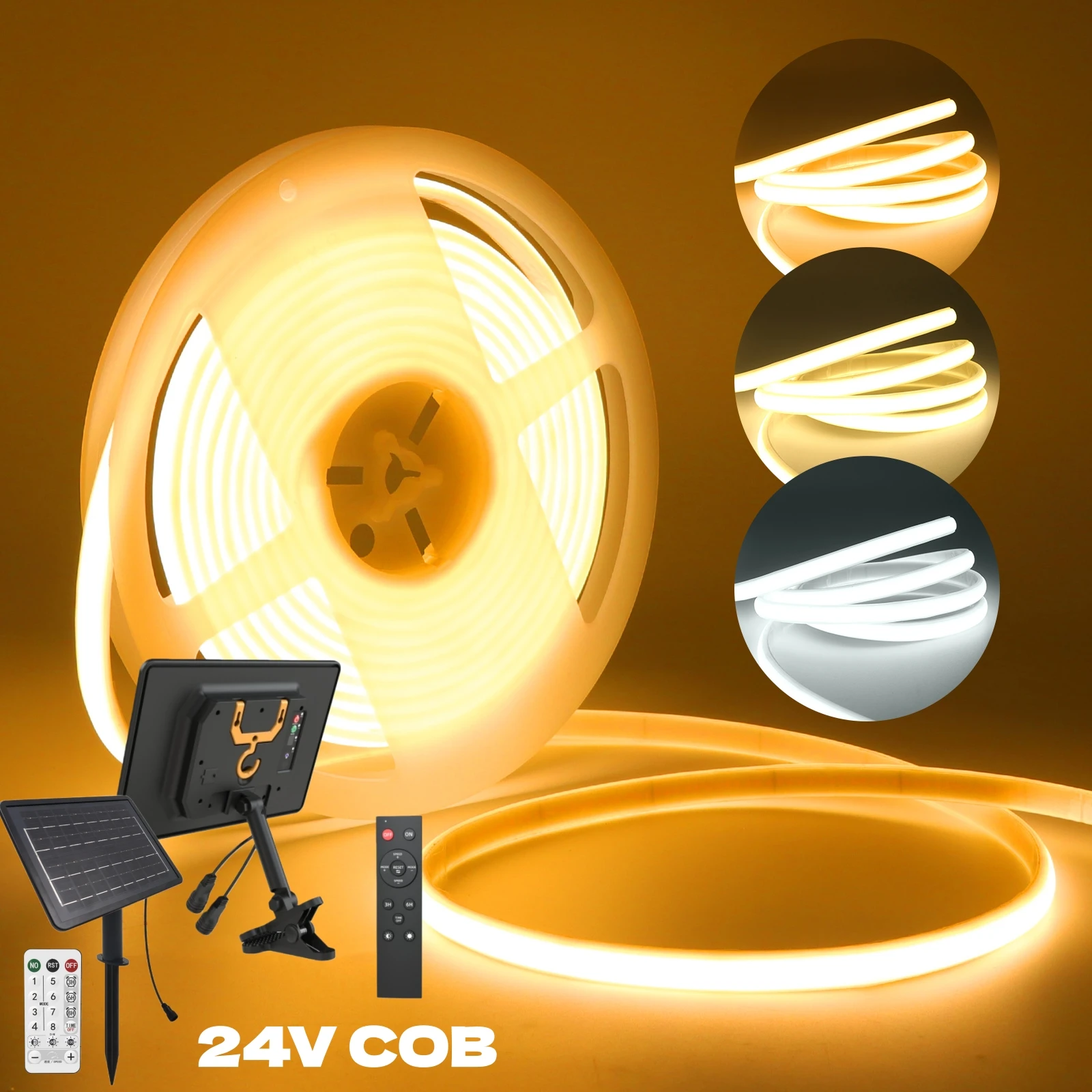 dc-24v-cobソーラーネオンストリップledライト、リモコン付き、ip67防水、両面テープ付きフレックスロープ型リニア照明、3000k、4000k、6000k