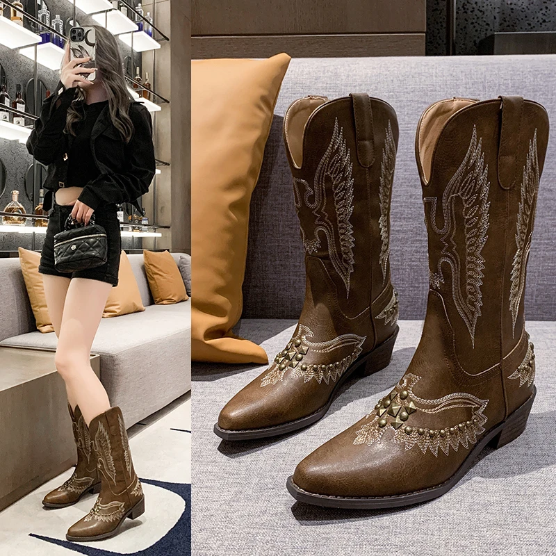 

New Style Women's Thick Heel Women Embroidery Western Cowboy Boots Fashion Rivet Slip on Long Booties Autumn Winter Female Shoes