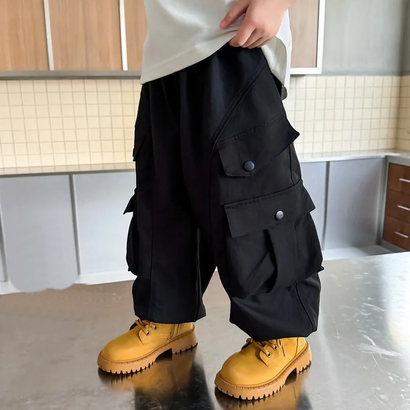 Casual Big Boys Cargo Pants Spring Autumn Black Loose Children Multi-Pocket Trousers 2-11 Years Teenage Sports Pants
