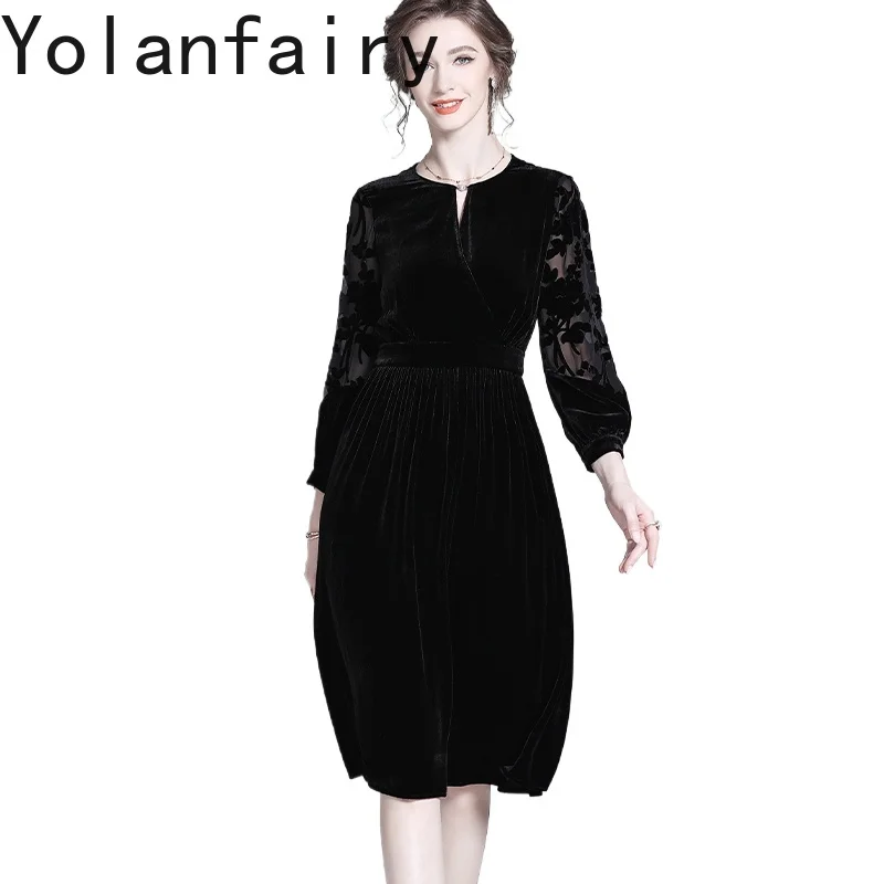 YOLANFAIRY Brand Real Silk Velvet Dresses for Woman Autumn French Elegant Women Clothing Black Dress Fashion Black Evening Dress