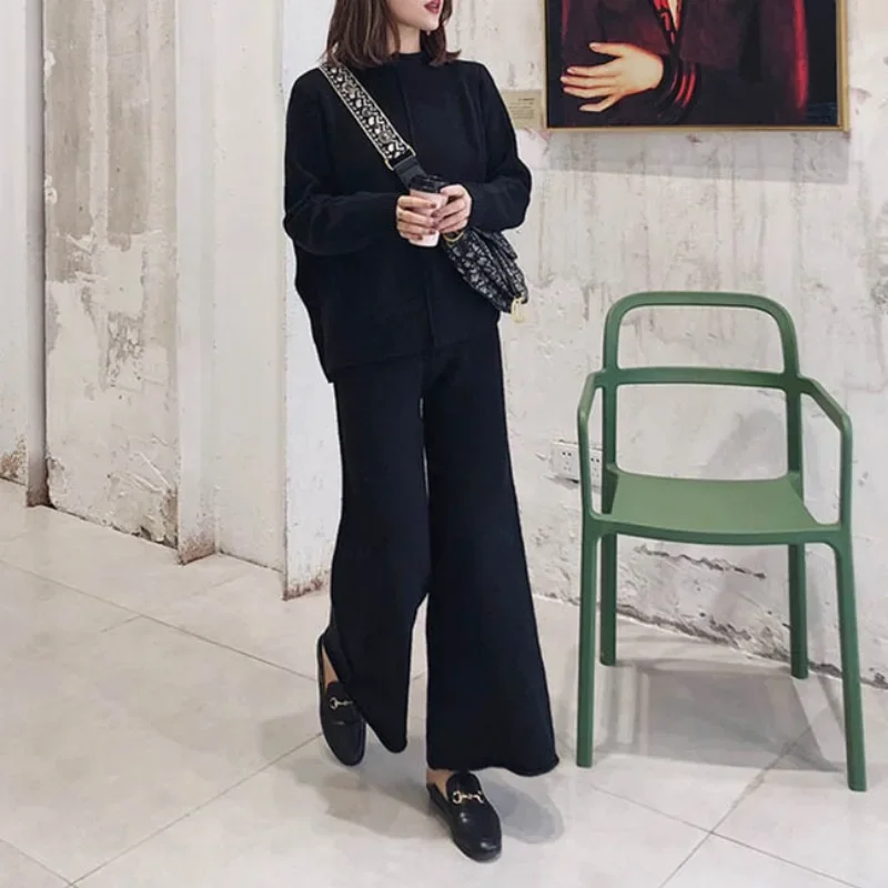 Two Piece Sets Women Knit Suit Turtleneck Full Sleeve Sweaters Midi Waist Loose Long Pants Set Autumn Splice Casual Suits
