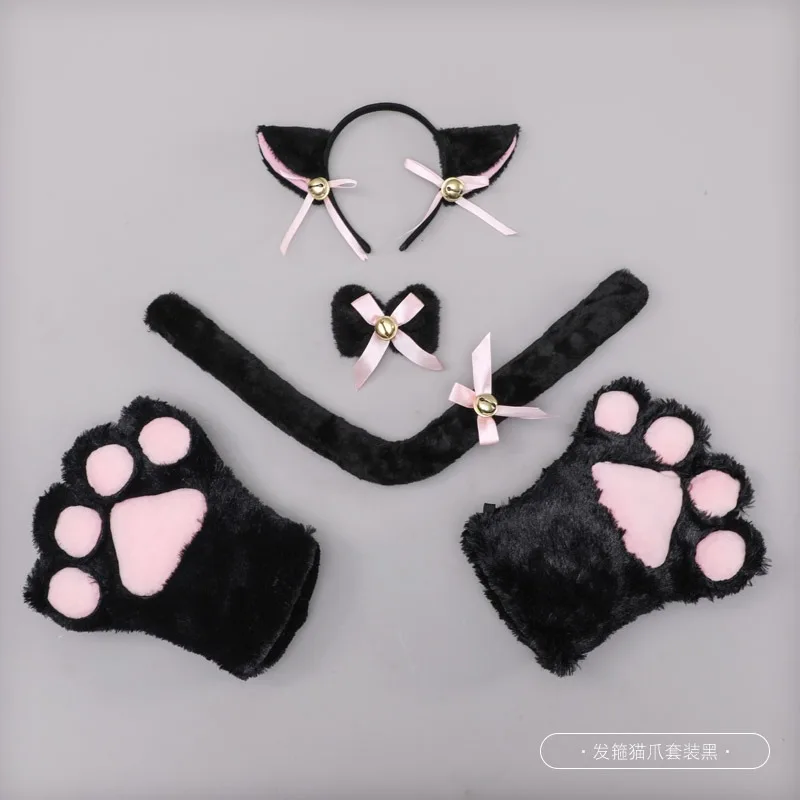 

Cute cat cosplay props, cat ear hairband, cat paw gloves, cat tail and bell-shaped tie accessory set, Halloween lolita costume