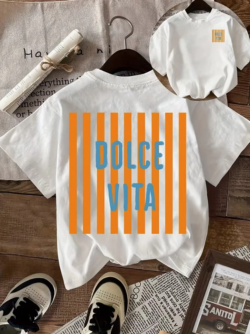 Dolce Vita Striped Graphic Print Women's T-Shirt, Casual Short Sleeve Crew Neck Top, Trendy Italian Slogan Summer Streetwear Tee