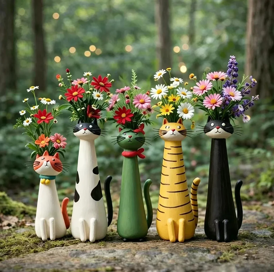 Funny Cat-shaped Vases Ornament Cute Cartoon Style Desk Decor Handcrafted Quirky Cat Vase Synthetic Resins Kitty Planter